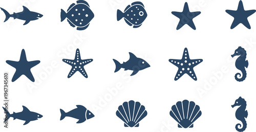 Marine animal silhouette set fish shark starfish seahorse shell ocean sea life minimal vector illustration collection