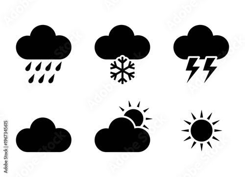 Vector of different weather symbols depicting rain, snow, thunderstorms, cloudy skies, partly sunny, and clear sunny weather conditions