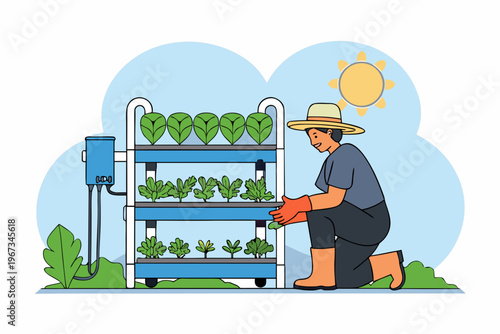 A gardener tending to a vertical hydroponic farm with multiple tiers