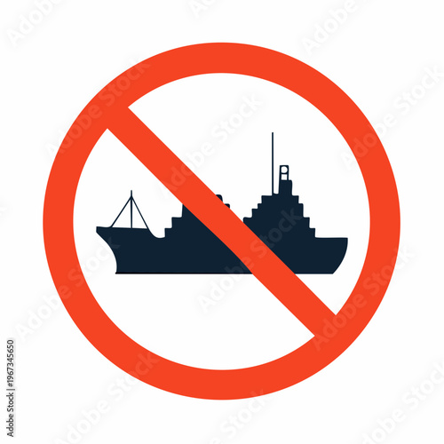 No ships allowed icon, prohibition sign with ship silhouette, navigation restriction symbol, maritime transport ban