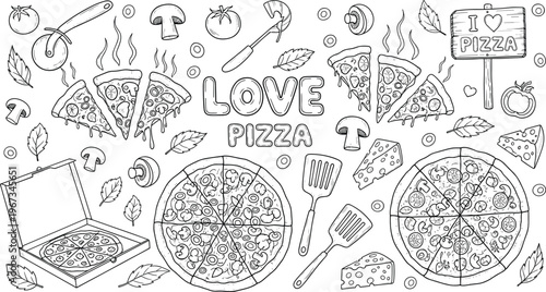 Love Pizza doodle vector illustration set featuring whole pizza slices delivery box mushrooms tomatoes and kitchen tools isolated on white background