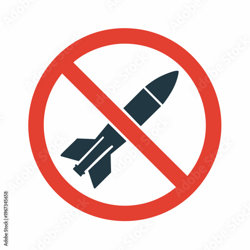 Vector icon Red prohibition sign over a rocket, symbolizing anti-war, peace, and disarmament; a clear graphic message for non-violence and global security initiatives