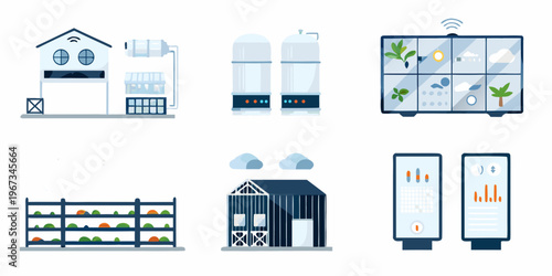 Illustrative icons depicting smart farming technology and agricultural infrastructure