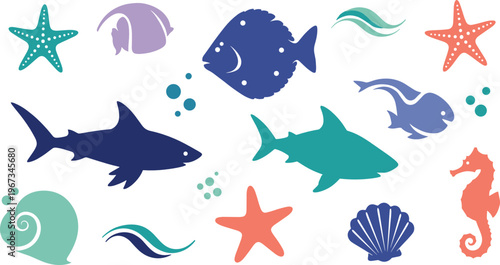 Marine sea life silhouettes collection shark fish seahorse starfish shell ocean elements minimal vector illustration set