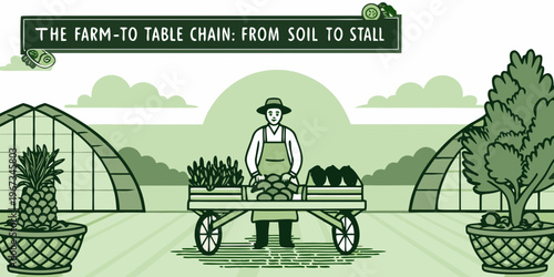 The farm to table chain illustrated with a farmer and fresh produce