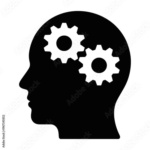 Vector of a human head silhouette with gears representing thinking and mental processes