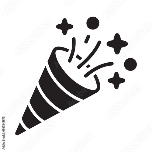 A black and white illustration of a party popper with confetti bursting outwards