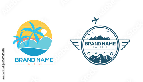 Travel Badge Logo Design – Mountain, Ocean and Airplane Emblem