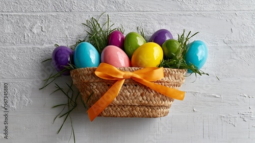 Colorful Eggs Arranged in a Basket With Green Grass and an Orange Bow for Eas...