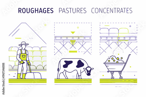 Illustration depicting farm animal feed types roughages pastures and concentrates