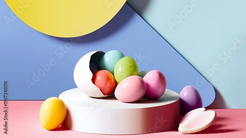 Colorful Eggs Arranged on a White Platform With Background Shapes in Soft Colors