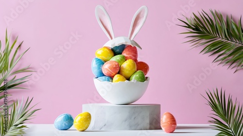 Decorated Eggs and Bunny Ears Display for Easter Celebration in a Simple Setup