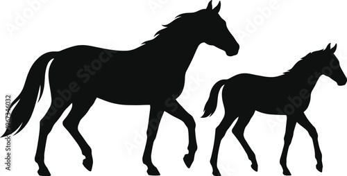 mother horse and foal walking together minimalist black vector illustration