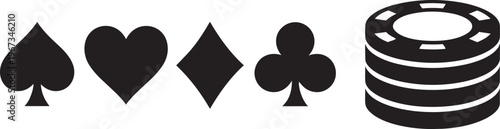 Black and white cartoon vector illustration of an abstract background featuring gambling casino card suit symbols like the ace of spades hearts diamonds and clubs for a playing game icon