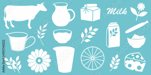 Stylized illustration of a cow milk containers and floral elements