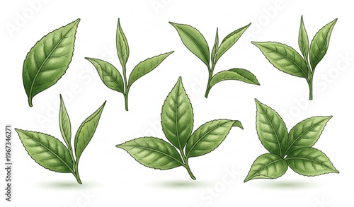 Watercolor Green Tea Leaves Set Natural Botanical Vector Illustration