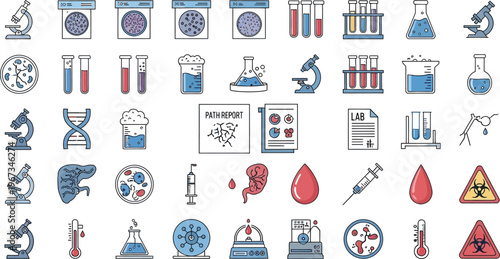 Laboratory equipment and scientific icons are.