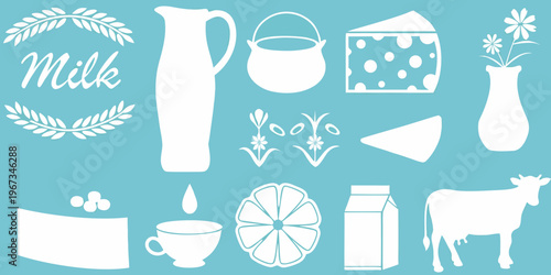 Stylized illustration of milk products a cow and floral elements