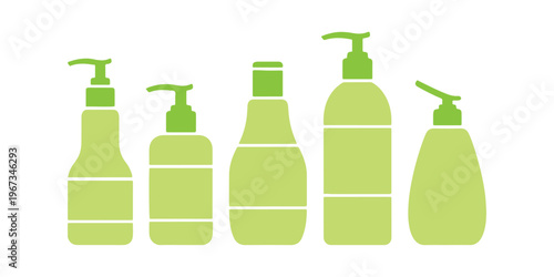 A variety of one-time-use bottles for women's hair and body care. A collection of hair and body care bottles for women. Easy vector flat icons on a plain white background.