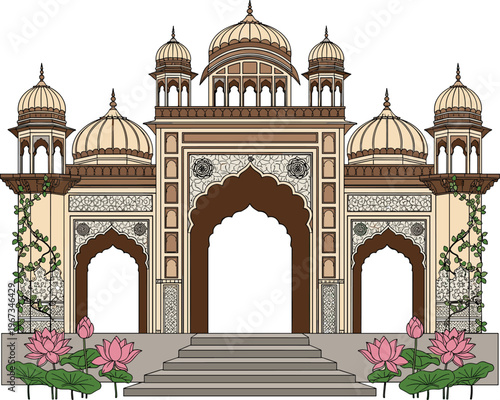 Intricate vector illustration of a traditional Indian palace entrance with ornate domes, archways, climbing vines, and pink lotus flowers