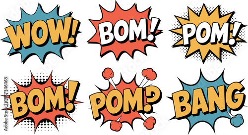 Comic book speech bubbles set with sound effects wow bom pom bang isolated on transparent background, Vector illustration