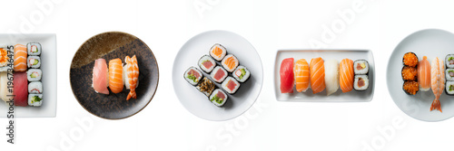 Various sushi dishes on plates and trays food