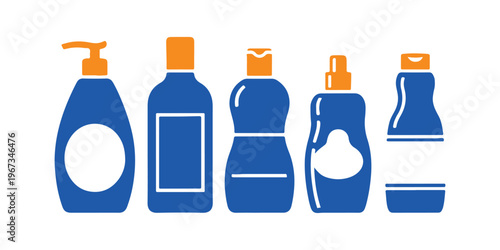 A set of disposable cosmetic bottles for women's hair and body care. A range of bottles for women's hair and body care. Simple vector flat icons on a white backdrop