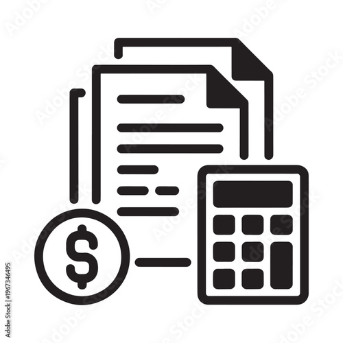 Documents calculator and money symbol representing finances and accounting