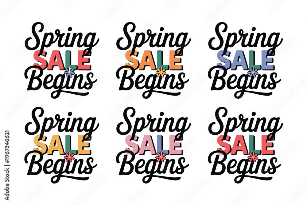 Obraz premium Spring sale begins colorful typography vector illustrations on white background