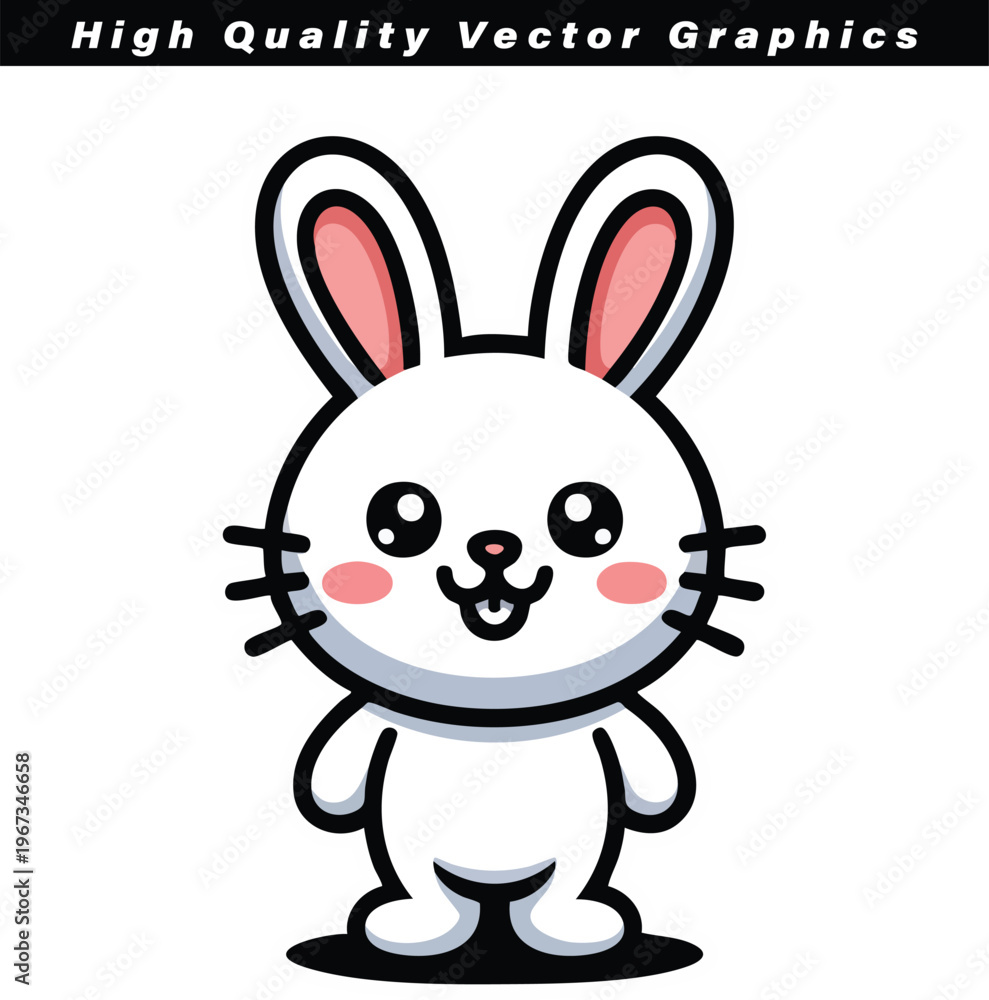 Obraz premium An adorable white cartoon rabbit with pink ears and rosy cheeks smiles happily on a plain background.