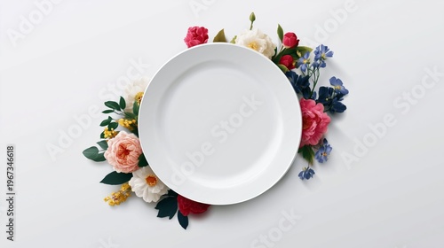 Flower Arrangement Around a White Plate on a Plain Surface