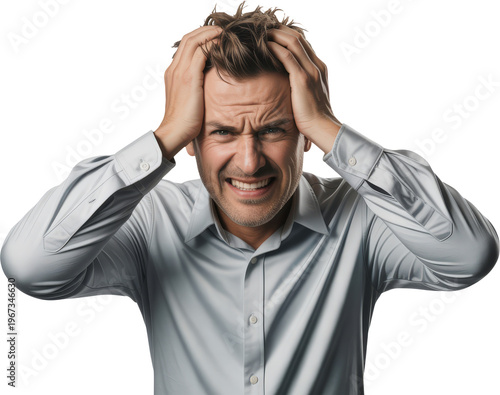 A frustrated man holding his head in distress with a worried expression isolated on transparent background