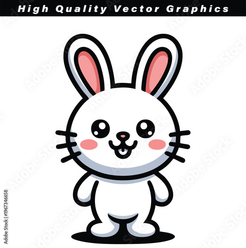 An adorable white cartoon rabbit with pink ears and rosy cheeks smiles happily on a plain background.