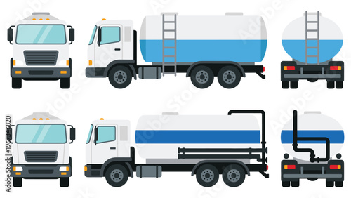 Water transport tanker truck front side and rear views.