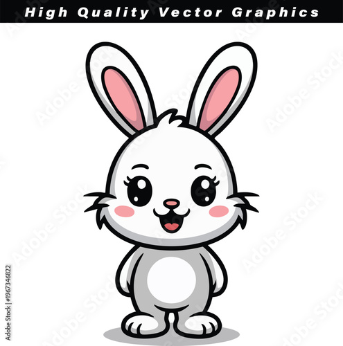 An adorable white bunny character with expressive large eyes and pink ear interiors poses happily.
