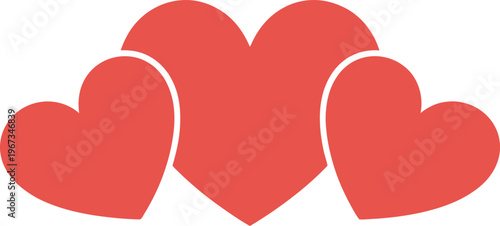 Three red decorative hearts composition for romantic card design isolated on transparent background. Vector illustration