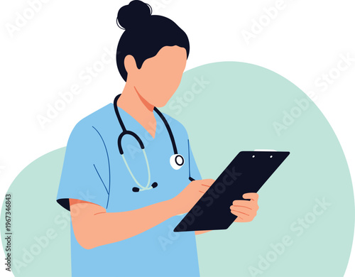 Medical female nurse or doctor character wearing blue scrubs and stethoscope writing on clipboard vector illustration isolated on white