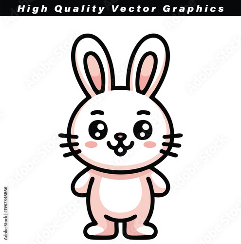 A kawaii white rabbit illustration features pink inner ears and a cheerful expression on a clean surface.