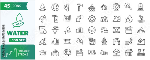Water line icons set .Collection of shower, faucet, Hygiene, nutrition, H2o, water treatment, water drop and more.Editable stroke. Vector illustration