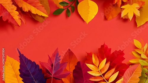 Colorful Leaves Arranged on a Red Background During Autumn Season for Decorat...