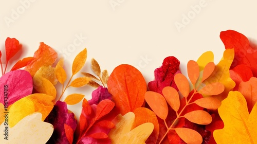 Colorful Leaves Arranged on a Red Background During Autumn Season for Decorat...