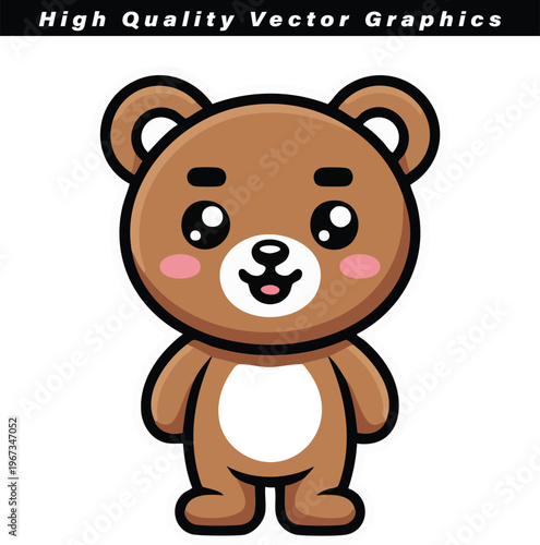 Brown bear character with large eyes and rosy cheeks stands in front of a white background.