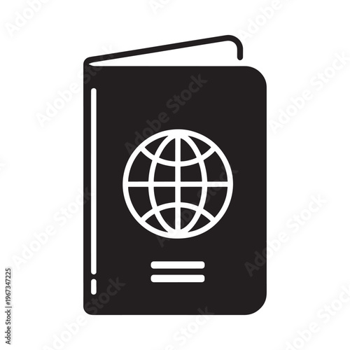 Simple black and white icon of a closed passport with a globe design