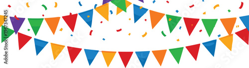 Colorful party bunting flags with confetti decoration, festive celebration banner, holiday garland, birthday festival decoration, vector illustration isolated on background