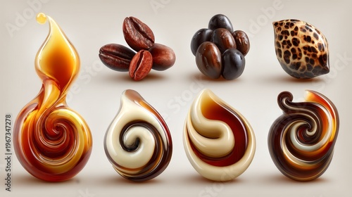 Minimalist macro scene of glossy caramel, chocolate, vanilla swirls with coffee beans, olives, spotted shell, ideal for gourmet food branding editorial still life