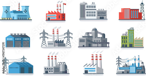 Factory and power plant icons set, industrial buildings collection with smokestacks, energy production facilities, manufacturing industry flat vector illustration