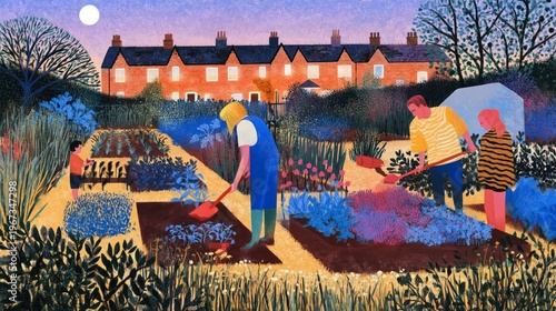 Community Garden Workers Plant and Harvest Vegetables in the Evening Light Ne...