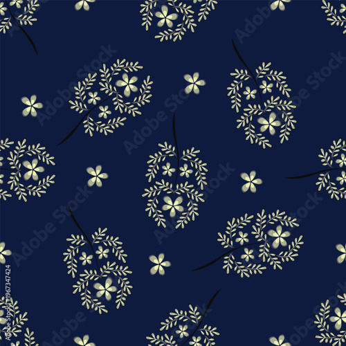 Seamless floral pattern, liberty ditsy print of mini plants in delicate pastel colors. Cute botanical design of tiny hand-drawn flowers and small leaves. Simple romantic pattern. Vector illustration.