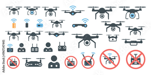 Drone and remote controller icons set in flat style quadrocopter drone and rc vector symbol collection
