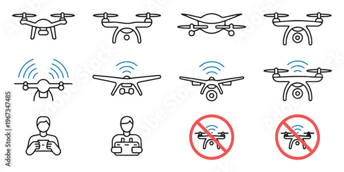 Drone and remote controller outline icons set with flying quadrocopter drone and rc vector symbol collection